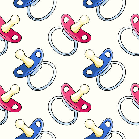 Baby pacifier, vector seamless pattern in the style of doodles, hand drawn