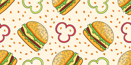 Tasty hamburger or cheeseburger, vector seamless pattern in the style of doodles, hand drawnのイラスト素材
