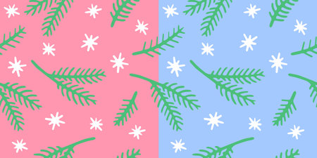 Cartoon Christmas or New Year s pattern spruce branches and snowflakes, vector seamless pattern in...