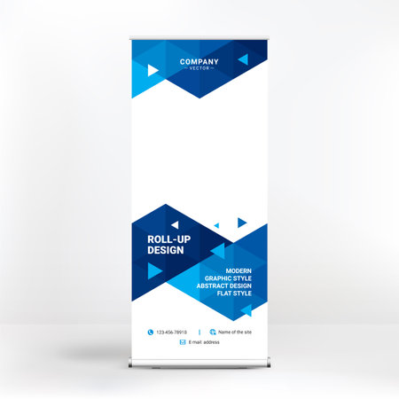 Roll-up design, geometric blue background for photos and text, creative design for presentations and conferences, seminarsのイラスト素材