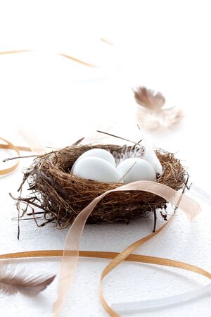 Easter eggs in a nest with ribbons and feathersの写真素材