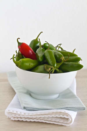 Chillies in a bowl with space for textの写真素材