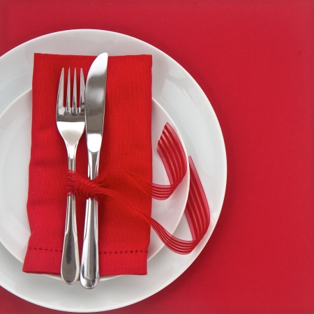 Knife and Fork with red table setting for Valentines Dayの写真素材