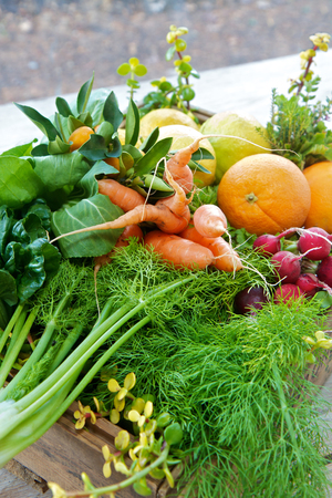 Box of organic fruit and vegetables from the marketの写真素材