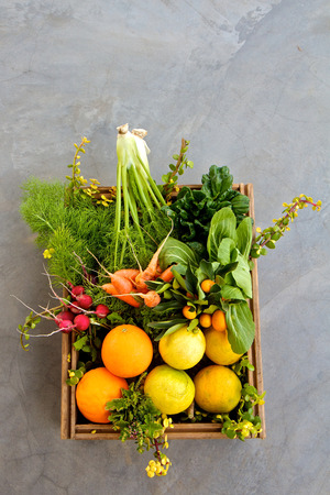 Box of organic fruit and vegetablesの写真素材