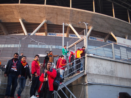 Istanbul, Turkey - March 20, 2016: Galatasaray fans protest and try to climb the fence into the stadium after their match with Fenerbahce was cancelled due to a bomb threat.のeditorial素材