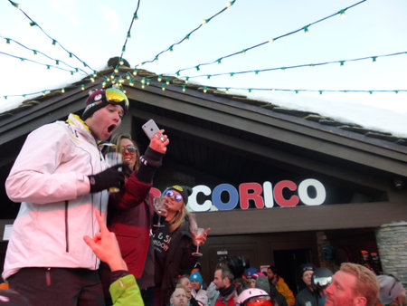 Val d'Isere, France - March 14, 2016: Outdoor apres ski in the Alps