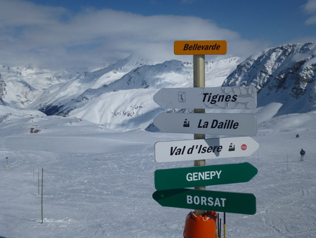 Ski resort sign post in Val d'Isereのeditorial素材