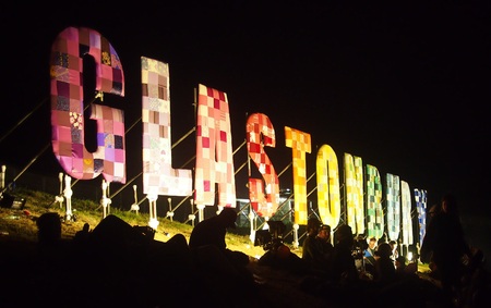 Pilton, UK - June 24, 2015: Music festival sign illuminated at nightのeditorial素材