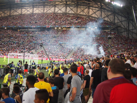 Marseille, France - June 11, 2016: Russian fans set off a flare during the infamous 1-1 draw with England at Euro 2016. Clashes with police, Marseille and Russian fans dominated the headlines.のeditorial素材