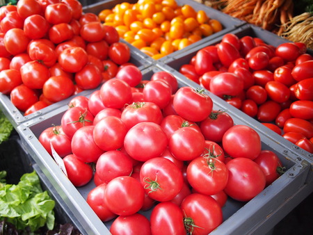 Tomatoes for sale at a food market in Kazimierz, the Jewsh quarter of Krakowの写真素材
