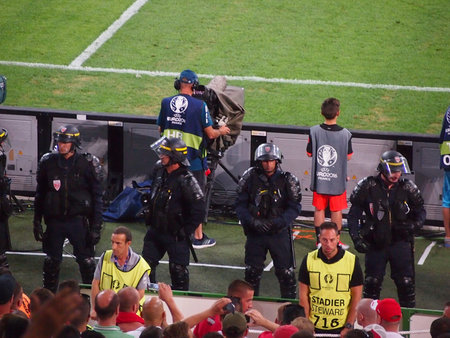 Marseille, France - June 30, 2016: Riot police monitor Polish fans during their quarter final defeat...