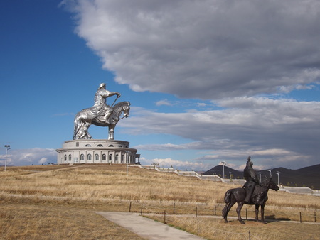 Gheghis Khan monument in the sunny Mongolian steppeの写真素材