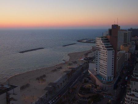 Tel Aviv, Israel - 06 June, 2017: Sunset over Tel Aviv city centre and its beaches.のeditorial素材