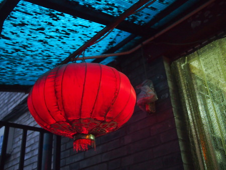 Beijing, China - 07 October, 2016: A traditional red lantern in a hutongのeditorial素材