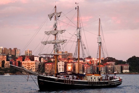 Sail ship in harbour of Sydney at sunsetの写真素材