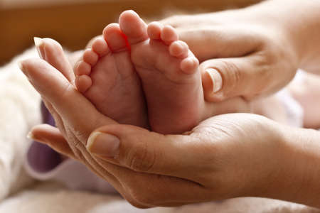 Feet of newborn in mothers handsの写真素材