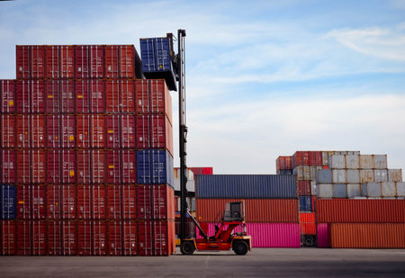 Container forklift in container yard view of transport and industry