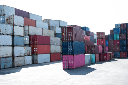 a pile of container in freight yard against a blue sky, transport backgroundのeditorial素材