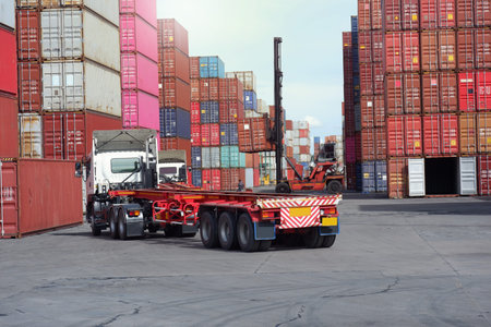 Container forklifts and trucks in the container yard