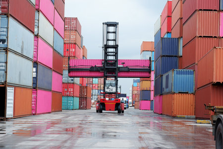 forklift truck Container boxes in a logistics yard with a stack of containers in the background.の写真素材