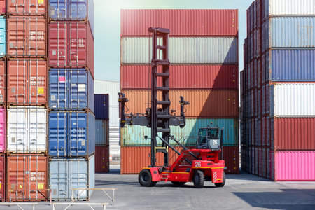 forklift truck Container boxes in a logistics yard with a stack of containers in the background.の写真素材
