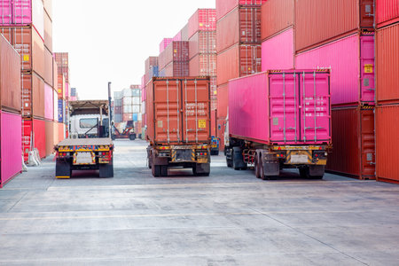 Pictures of shipping yards and loading of trucks and containers