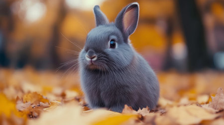 A charming gray bunny sits atop a bed of colorful autumn leaves, surrounded by a vibrant forest. This peaceful scene captures the beauty of nature in fall.の素材