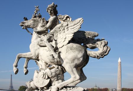 Man on winged horse with Eiffel tower and Cleopatras needle in background, Parisの写真素材
