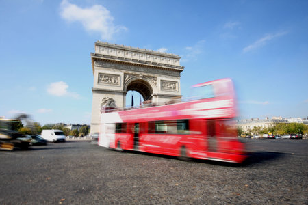 Moving traffic at the Arc de Triomphe, Paris, Franceの写真素材
