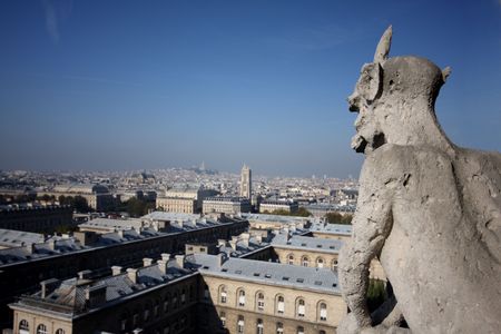 The Gargoyles of Notre Dame looking out over Parisの写真素材