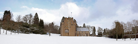 Panoramic of Crathes Castle in the snow, Scotlandの写真素材