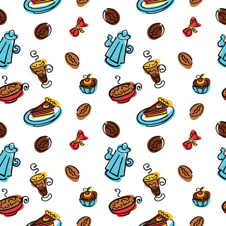 Coffee pattern. Coffee, coffee beans, coffee pot, coffee cup. Dessert and candy. Vector seamless background.のイラスト素材