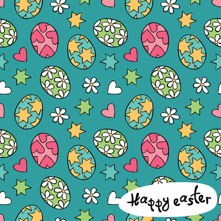 Happy easter. Easter eggs. Stars, hearts and flowers, daisies. Vector seamless pattern background.のイラスト素材