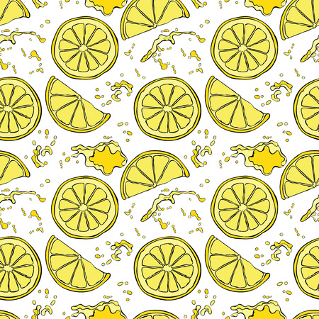 Lemon. Juicy fruit. Fruit splashes and drops. Spots juice. Vector seamless pattern (background).のイラスト素材