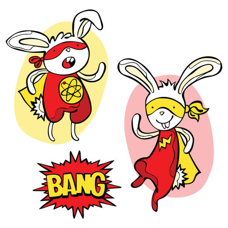 Superhero. Bunny. Dialog Box - Bang! Vector isolated object on white background.のイラスト素材
