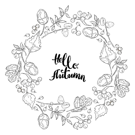 Hello, Autumn. Autumn forest: leaves, acorns, berries. Frame - wreath.のイラスト素材