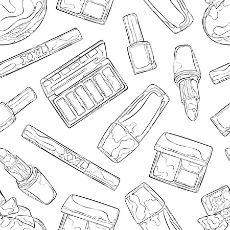 Cosmetics: perfume, eye shadow, blush, lipstick, mascara, nail polish, foundation. Seamless vector pattern (background).のイラスト素材