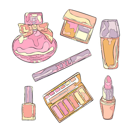 Cosmetics: perfume, eye shadow, blush, lipstick, mascara, nail polish, foundation. Isolated vector objects on white background.のイラスト素材