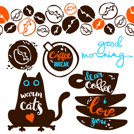 Cat. Coffee cup and coffee beans.のイラスト素材