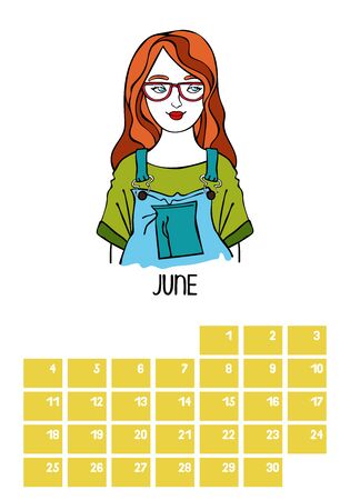 June calendar month. Beautiful girl on white background, vector illustration.のイラスト素材
