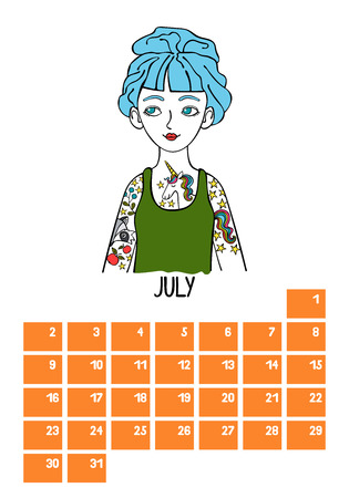 July Calendar Month. Beautiful girl. Isolated vector objects on white background.のイラスト素材