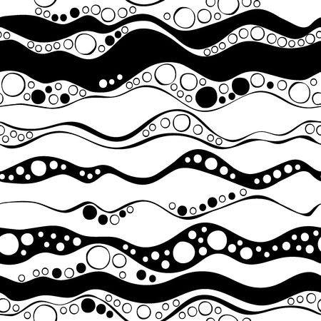 Abstract seamless background. Waves and circles. Black and white print.のイラスト素材