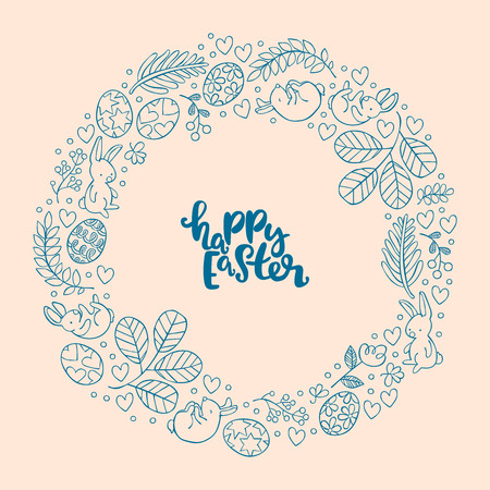 Happy easter. Round frame. Flowers and leaves. Easter eggs, rabbits and hearts.のイラスト素材