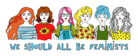 We should all be feminists lettering with cartoon women on white background. Vector illustration.