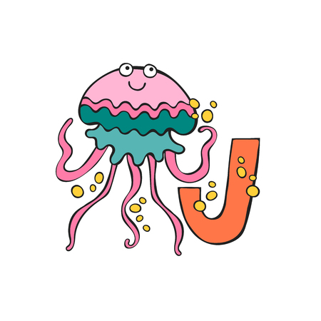 English letter J. Jellyfish. Isolated vector object on white background.のイラスト素材