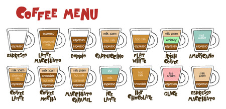 Coffee menu. Coffee cups. Lettering Set. Isolated vector objects.のイラスト素材