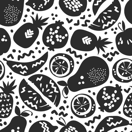 Fruits: apple, pear, orange, pomegranate, pineapple, watermelon. Seamless vector pattern (background, print).のイラスト素材