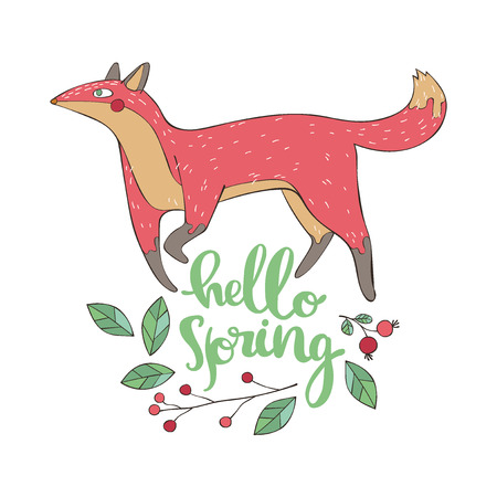 Hello spring. Fox. Branches and leaves. Lettering Isolated vector objects on white background.のイラスト素材