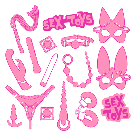 Sex toys. Vibrator, handcuffs, condoms, leather masks. Set. Isolated vector objects.のイラスト素材